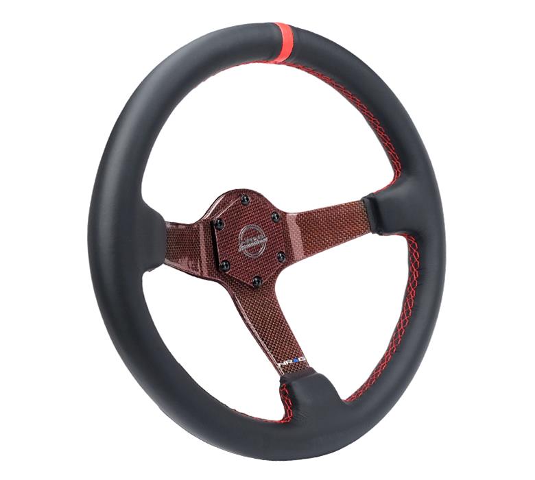 NRG Carbon Fiber Steering Wheel 350mm 3in Deep Red Carbon Fiber Red Stiching Red Center Mark Leather thumbnail 3