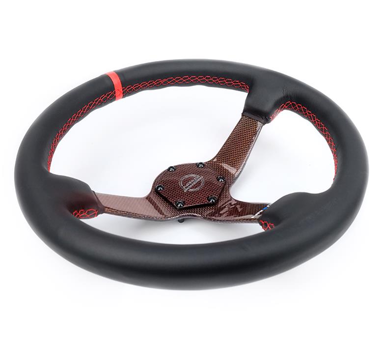 NRG Carbon Fiber Steering Wheel 350mm 3in Deep Red Carbon Fiber Red Stiching Red Center Mark Leather thumbnail 2
