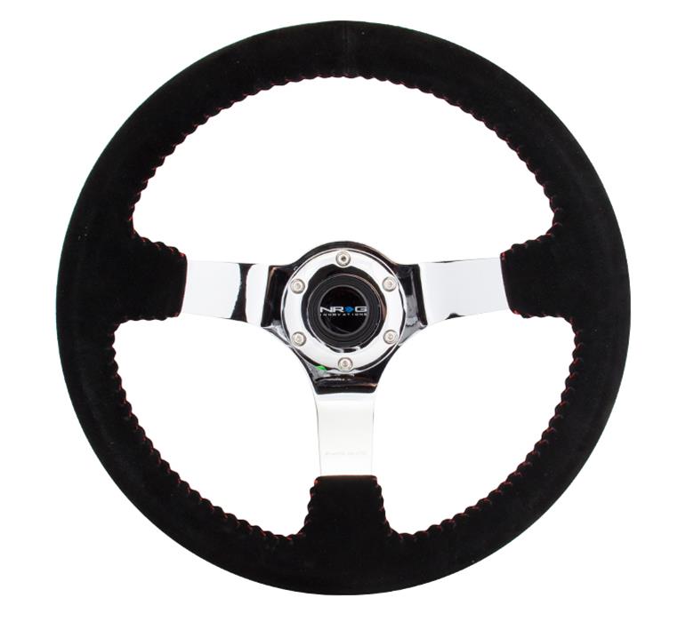 NRG Reinforced Steering Wheel (350mm / 3in. Deep) Blk Suede w/Red BBall Stitch & Chrome 3-Spoke thumbnail 3