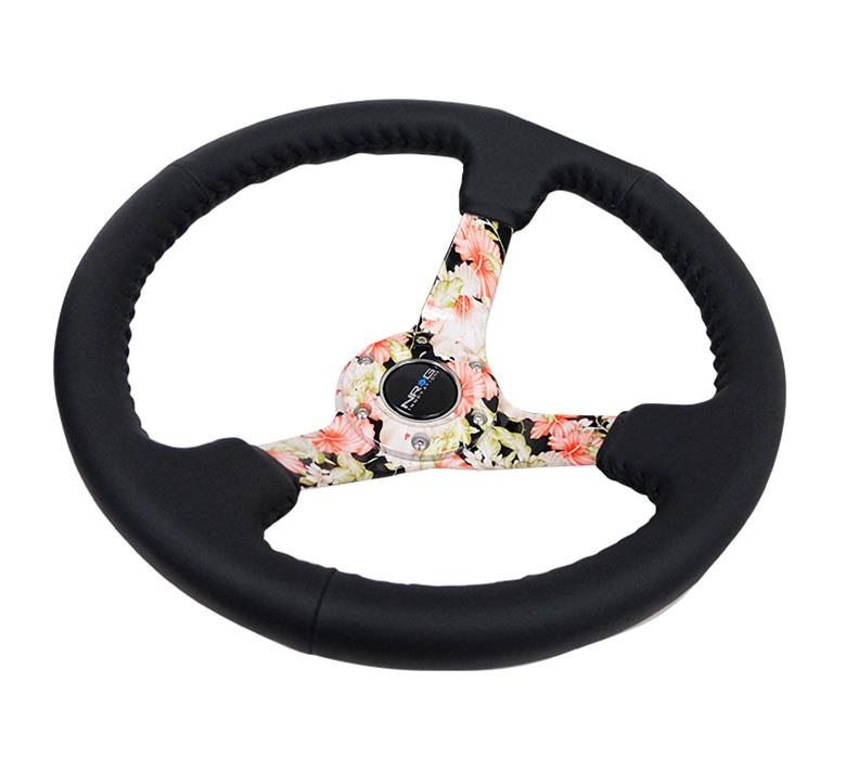 NRG Reinforced Steering Wheel (350mm / 3in. Deep) Blk Leather Floral Dipped w/ Blk Baseball Stitch thumbnail 2