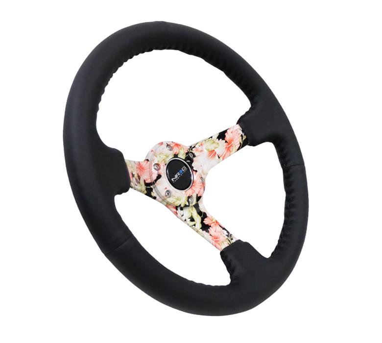 NRG Reinforced Steering Wheel (350mm / 3in. Deep) Blk Leather Floral Dipped w/ Blk Baseball Stitch thumbnail 3