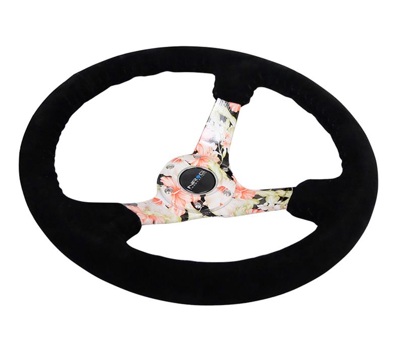 NRG Reinforced Steering Wheel (350mm / 3in. Deep) Blk Suede Floral Dipped w/ Blk Baseball Stitch thumbnail 3