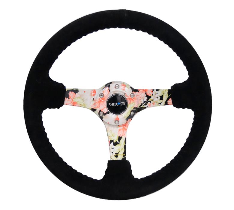 NRG Reinforced Steering Wheel (350mm / 3in. Deep) Blk Suede Floral Dipped w/ Blk Baseball Stitch thumbnail 2
