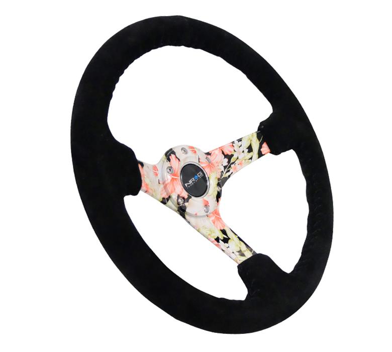 NRG Reinforced Steering Wheel (350mm / 3in. Deep) Blk Suede Floral Dipped w/ Blk Baseball Stitch thumbnail 4