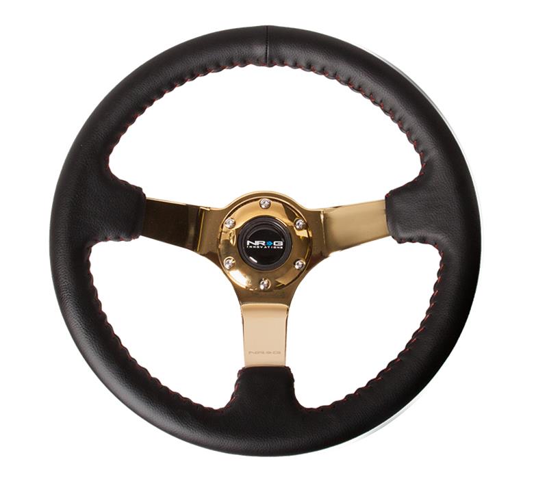 NRG Reinforced Steering Wheel (350mm / 3in. Deep) Blk Leather/Red BBall Stitch w/4mm Gold Spokes thumbnail 2