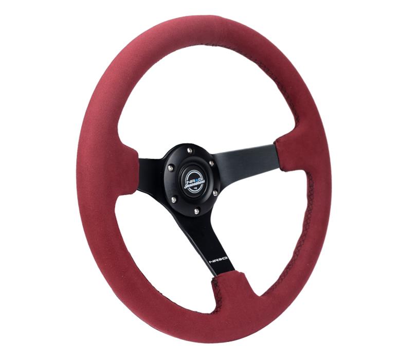 NRG Reinforced Steering Wheel (350mm/ 3in. Deep) Black Spoke/ Burgundy Alcantara w/ Black Stitch thumbnail 3