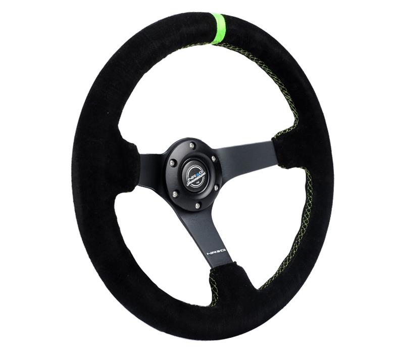 NRG Reinforced Steering Wheel 350mm/3in. Deep Blk Suede/ Neon Green Stitch w/5mm Matte Black Spoke thumbnail 4