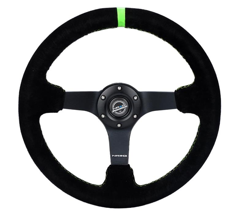 NRG Reinforced Steering Wheel 350mm/3in. Deep Blk Suede/ Neon Green Stitch w/5mm Matte Black Spoke thumbnail 3