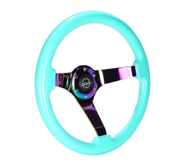 NRG Reinforced Steering Wheel (350mm / 3in. Deep) Minty Fresh Wood Grain w/Neochrome 3-Spoke Center thumbnail 3