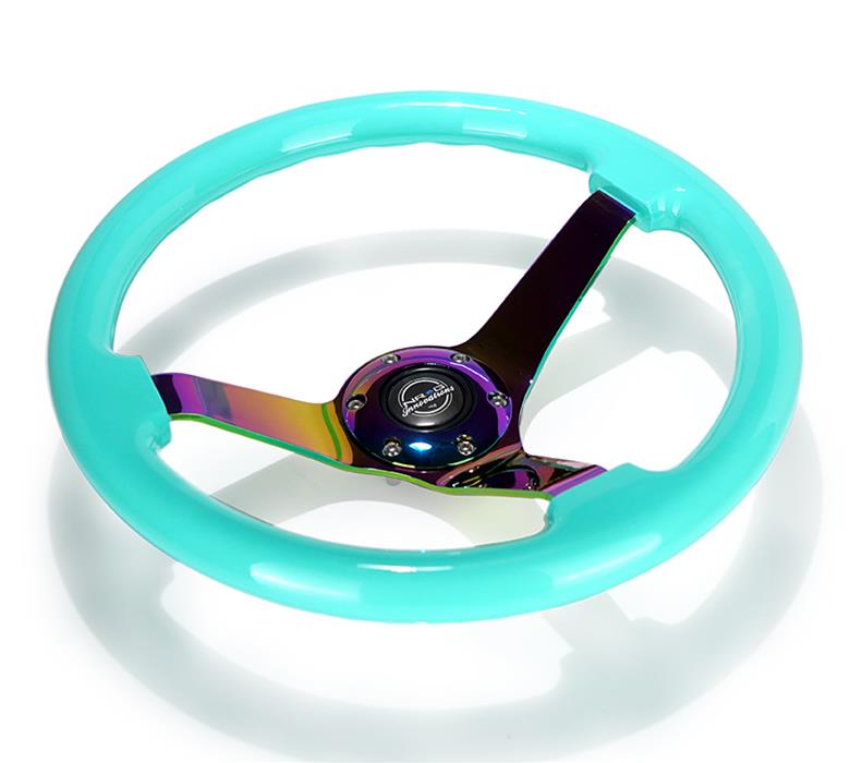 NRG Reinforced Steering Wheel (350mm / 3in. Deep) Minty Fresh Wood Grain w/Neochrome 3-Spoke Center