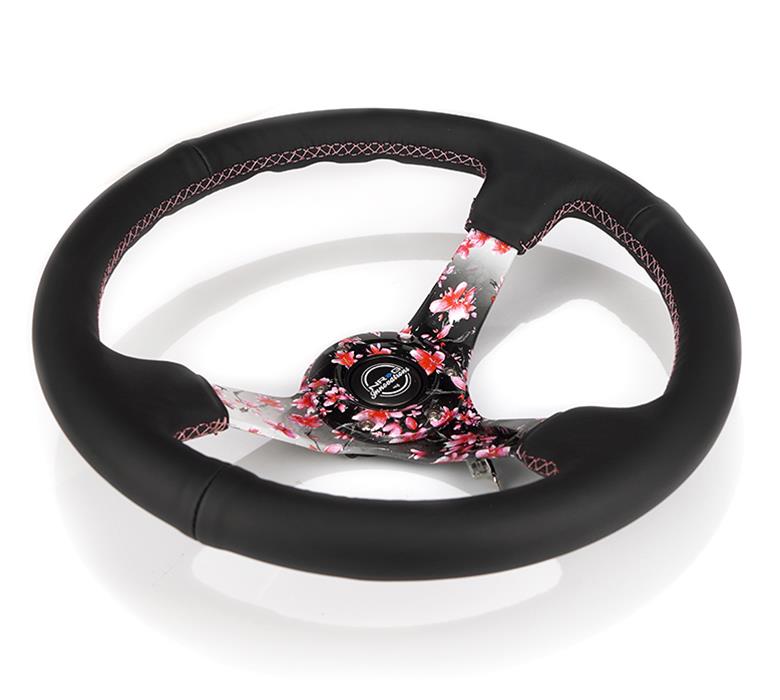 NRG Reinforced Steering Wheel (350mm/3in.) Hydro Dipped Sakura Floral w/ Pink Suede Black Stitch thumbnail 2
