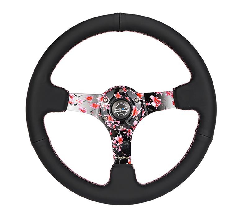 NRG Reinforced Steering Wheel (350mm/3in.) Hydro Dipped Sakura Floral w/ Pink Suede Black Stitch thumbnail 3