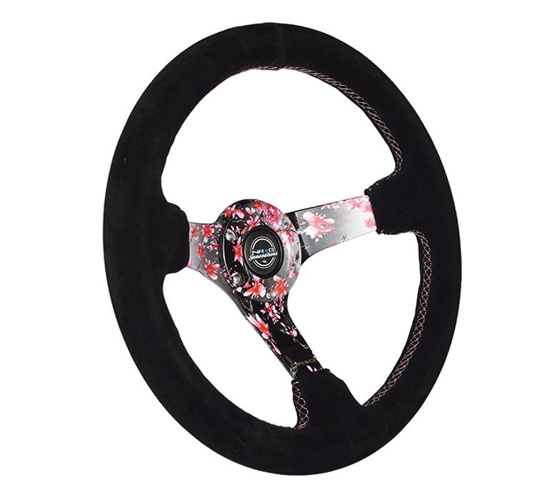 NRG Reinforced Steering Wheel (350mm) 3in Deep Pink Sakura Floral Solid Spoke - Black Suede/Stitch thumbnail 3