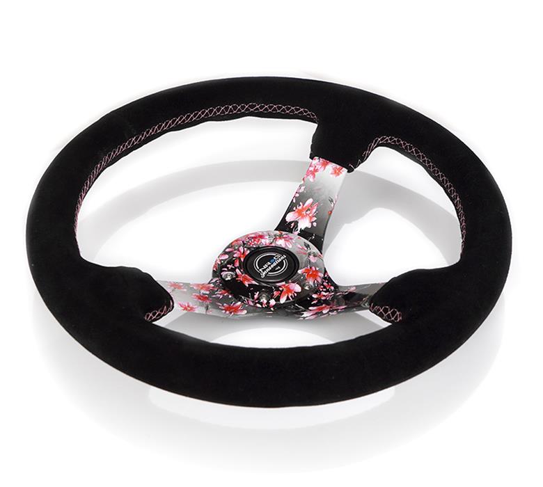 NRG Reinforced Steering Wheel (350mm) 3in Deep Pink Sakura Floral Solid Spoke - Black Suede/Stitch thumbnail 2