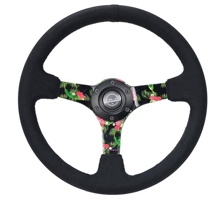 NRG Reinforced Steering Wheel (350mm / 3in. Deep) Black Suede w/ 5mm Floral 3-Spoke Center thumbnail 2