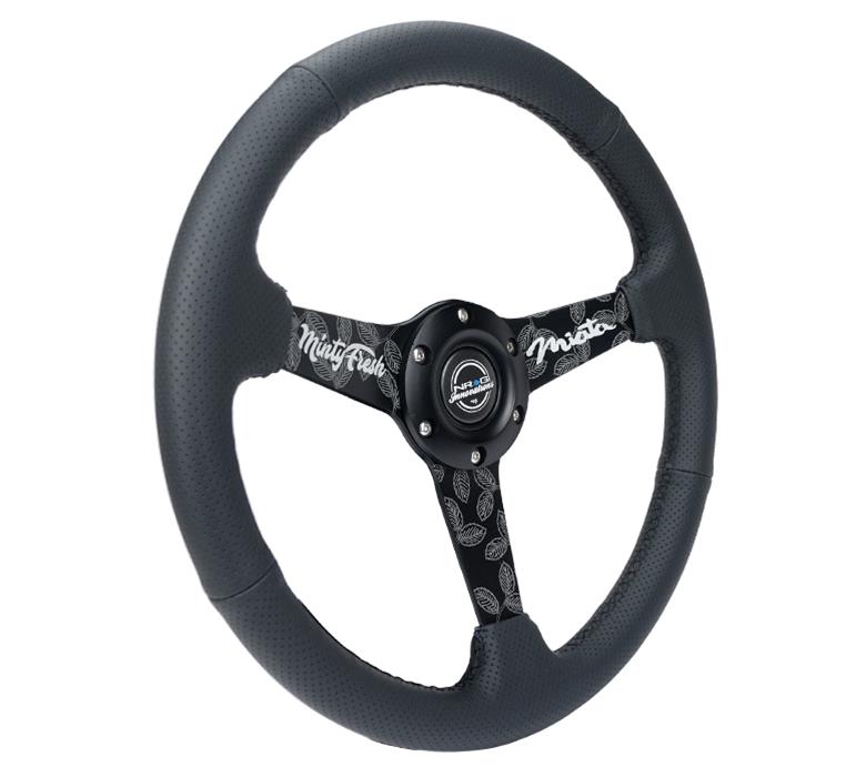 NRG Sport Steering Wheel (350mm/ 1.5in. Deep) Black Etched Spokes/ Black Leather w/ Black Stitch thumbnail 4
