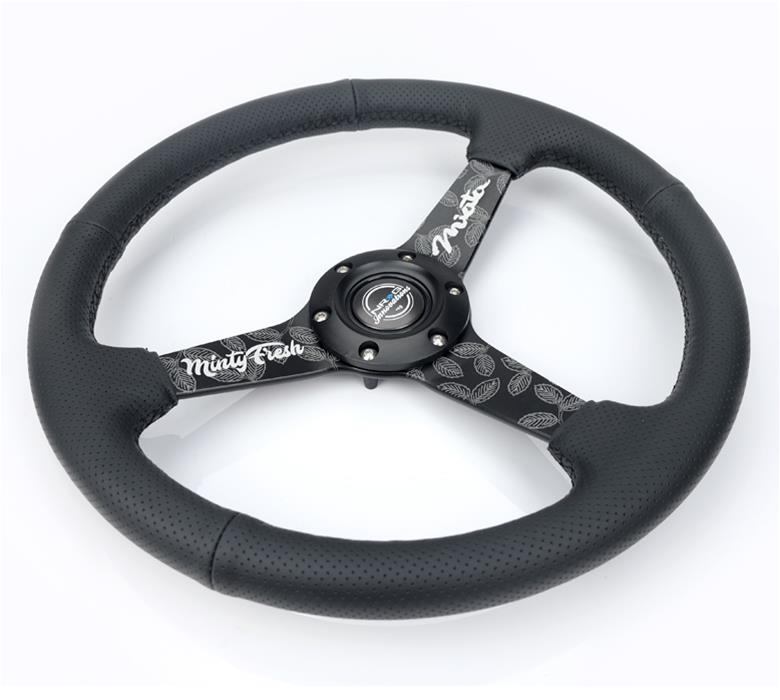NRG Sport Steering Wheel (350mm/ 1.5in. Deep) Black Etched Spokes/ Black Leather w/ Black Stitch thumbnail 3