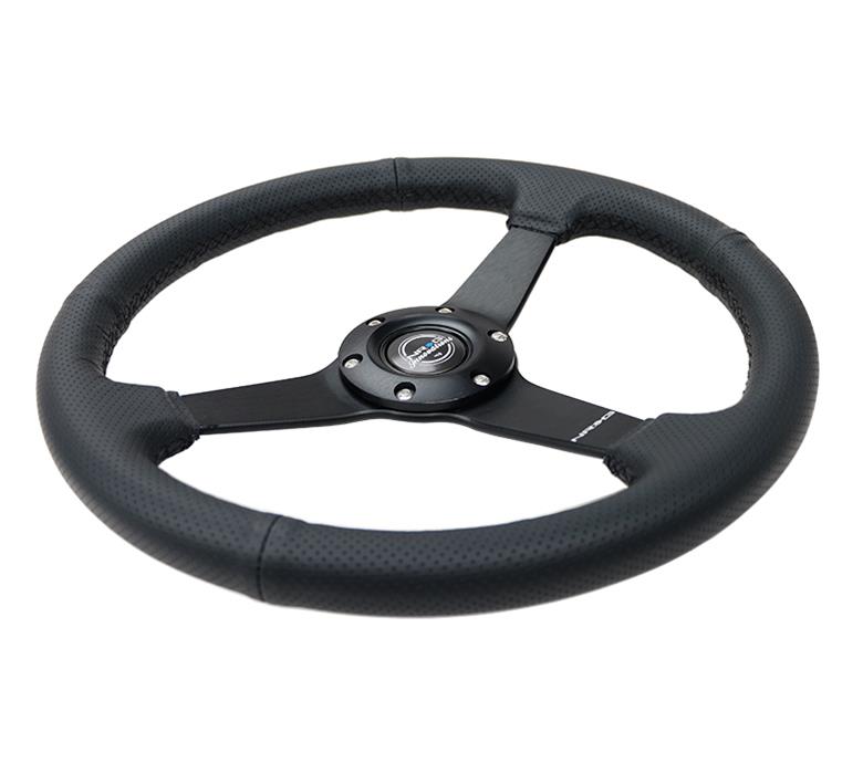 NRG Sport Steering Wheel (350mm / 1.5in Deep) Black Leather Black Stitch w/Matte Black Solid Spokes thumbnail 4