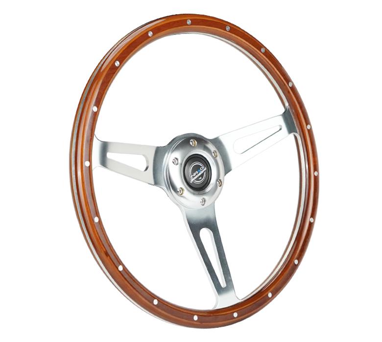 NRG Reinforced Steering Wheel (360mm) Dark Wood Grain w/Chrome 3-Spoke Center thumbnail 2