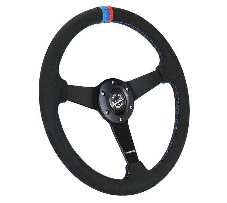NRG Innovations 3-Spoke Steering Wheel - 350mm, Black Leather/Orange Stitch, Fits 6x70mm Bolt