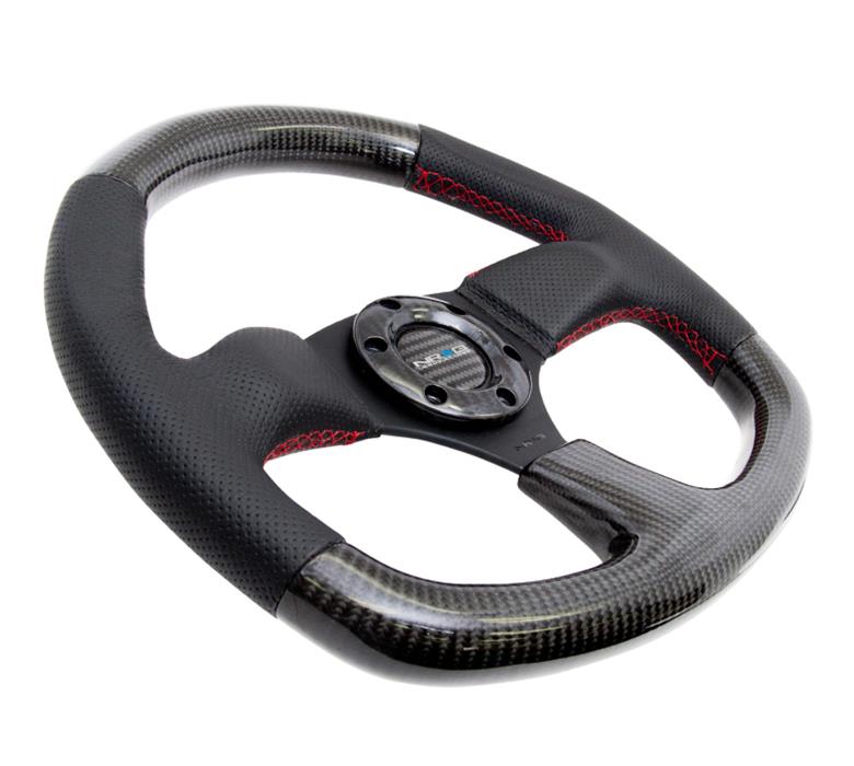 NRG Carbon Fiber Steering Wheel (320mm) Flat Bottom & Leather Trim w/Red Stitching thumbnail 3