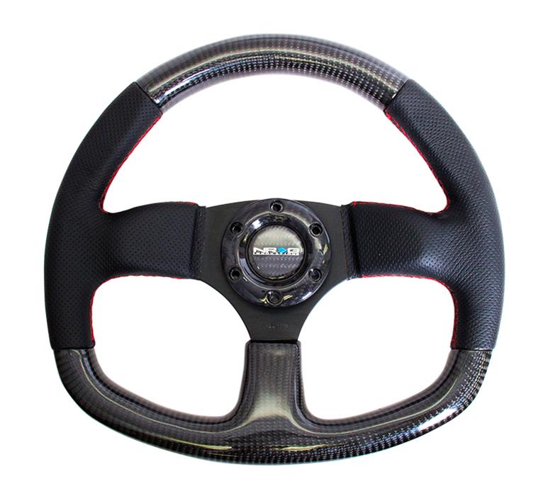 NRG Carbon Fiber Steering Wheel (320mm) Flat Bottom & Leather Trim w/Red Stitching thumbnail 2