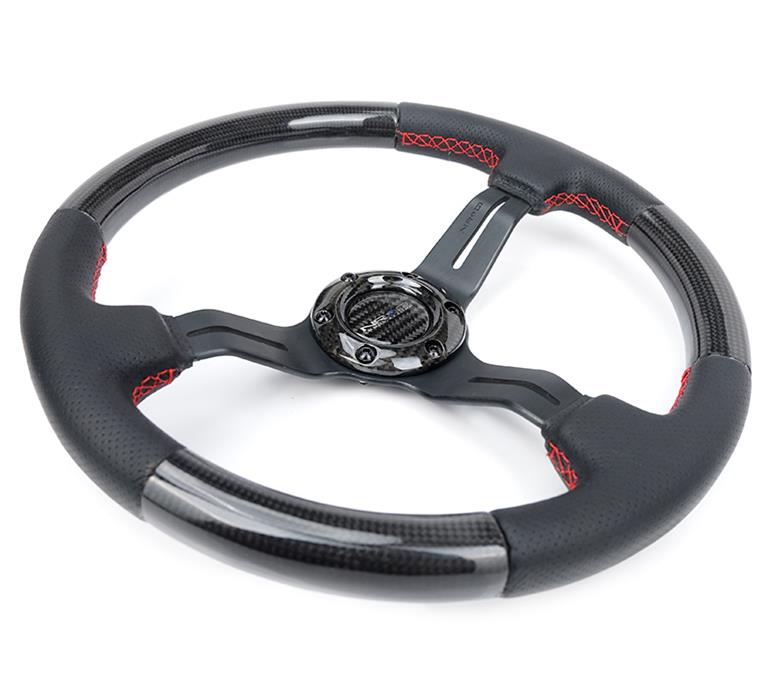NRG Carbon Fiber Steering Wheel (350mm /1.5in. Deep) Leather Trim w/Red Stitch & Slit Cutout Spokes thumbnail 2