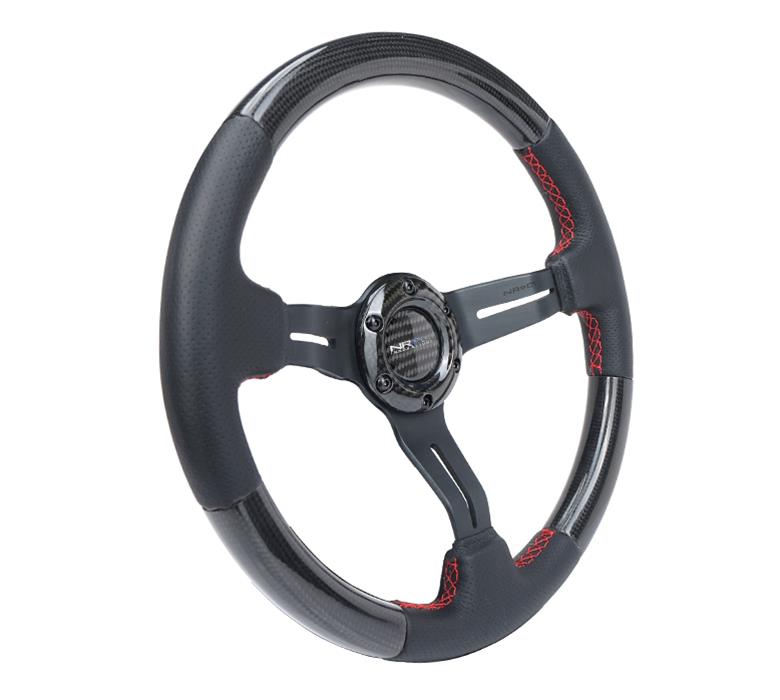 NRG Carbon Fiber Steering Wheel (350mm /1.5in. Deep) Leather Trim w/Red Stitch & Slit Cutout Spokes thumbnail 3