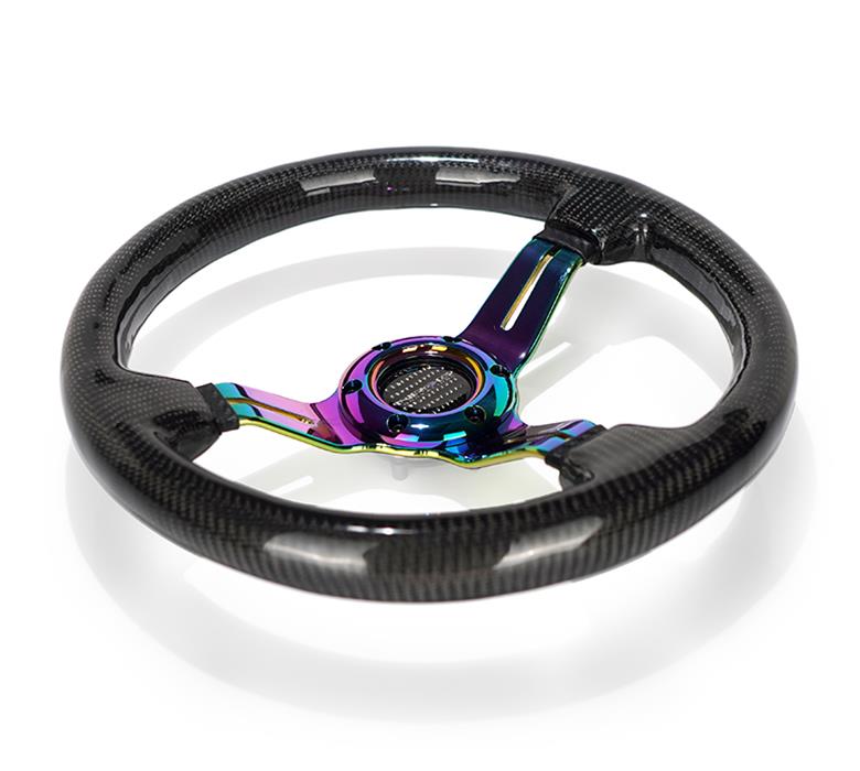 NRG Carbon Fiber Steering Wheel (350mm / 1.5in. Deep) Neochrome 3-Spoke Design w/Slit Cuts thumbnail 2