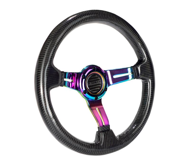 NRG Carbon Fiber Steering Wheel (350mm / 1.5in. Deep) Neochrome 3-Spoke Design w/Slit Cuts thumbnail 3