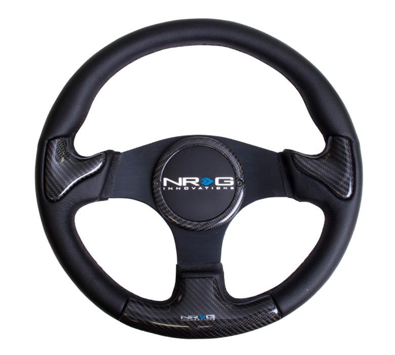 NRG Carbon Fiber Steering Wheel (350mm) Blk Frame Blk Stitching w/Rubber Cover Horn Button thumbnail 3