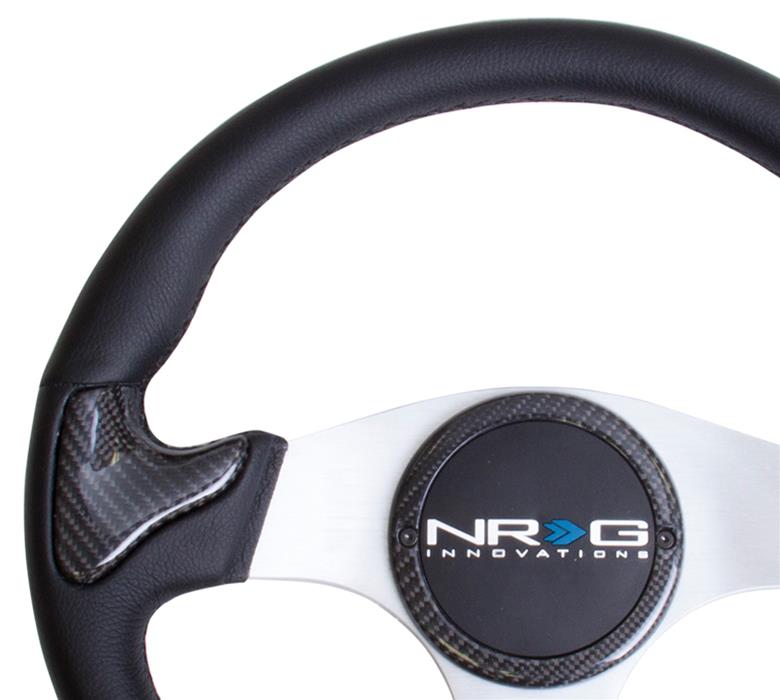 NRG Carbon Fiber Steering Wheel (350mm) Silver Frame Blk Stitching w/Rubber Cover Horn Button thumbnail 3