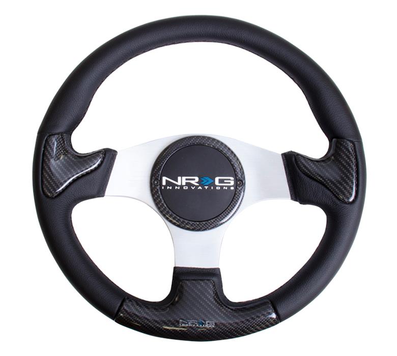 NRG Carbon Fiber Steering Wheel (350mm) Silver Frame Blk Stitching w/Rubber Cover Horn Button thumbnail 2