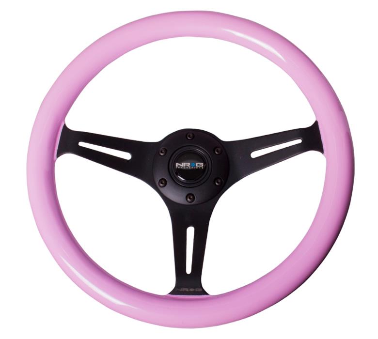 NRG Classic Wood Grain Steering Wheel (350mm) Solid Pink Painted Grip w/Black 3-Spoke Center thumbnail 2