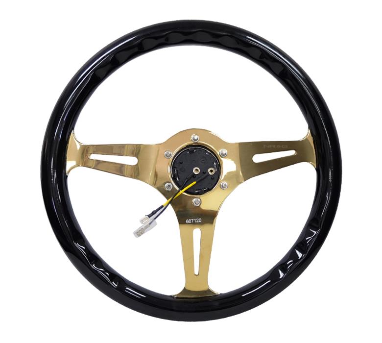 NRG Classic Wood Grain Steering Wheel (350mm) Black Grip w/Chrome Gold 3-Spoke Center thumbnail 2