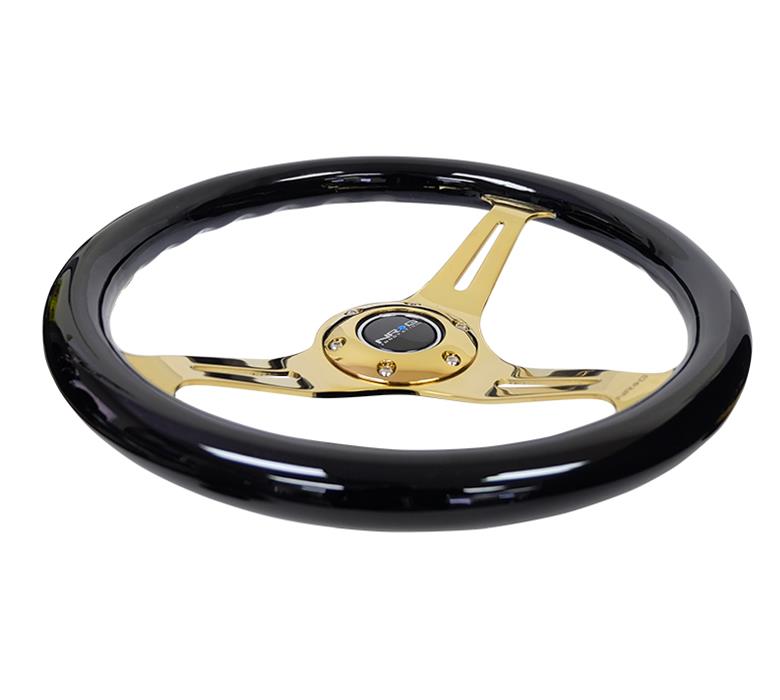 NRG Classic Wood Grain Steering Wheel (350mm) Black Grip w/Chrome Gold 3-Spoke Center thumbnail 4