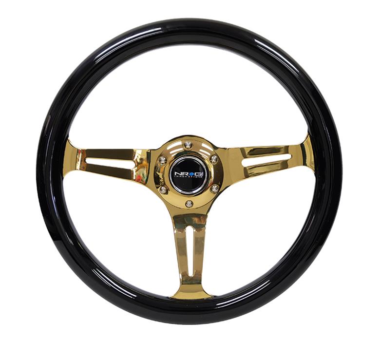 NRG Classic Wood Grain Steering Wheel (350mm) Black Grip w/Chrome Gold 3-Spoke Center