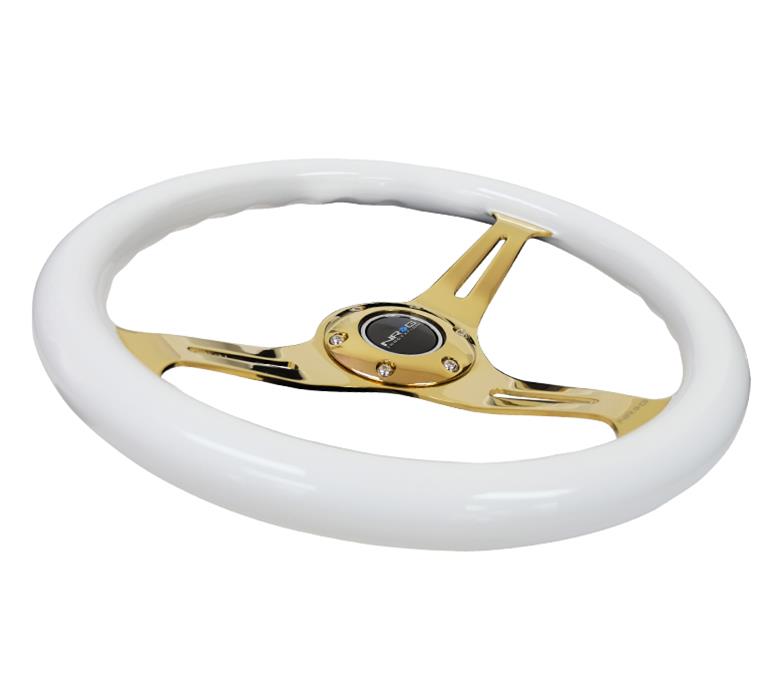 NRG Classic Wood Grain Steering Wheel (350mm) White Grip w/Chrome Gold 3-Spoke Center thumbnail 4