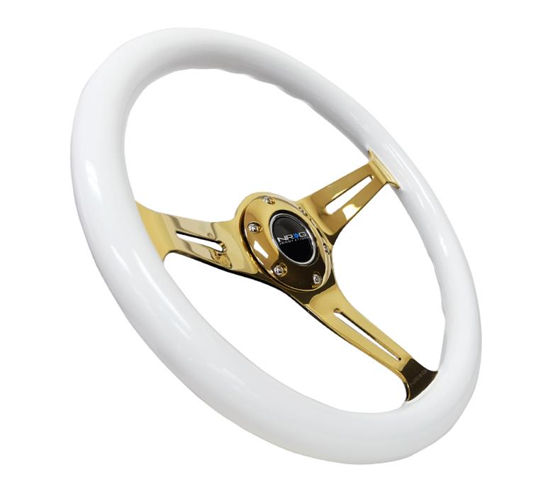 NRG Classic Wood Grain Steering Wheel (350mm) White Grip w/Chrome Gold 3-Spoke Center thumbnail 3