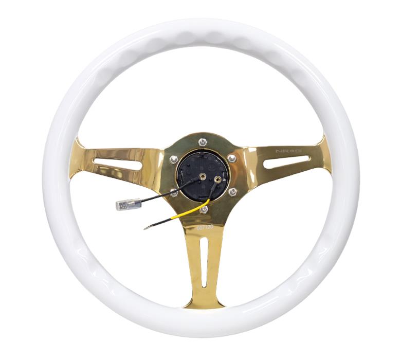 NRG Classic Wood Grain Steering Wheel (350mm) White Grip w/Chrome Gold 3-Spoke Center thumbnail 2