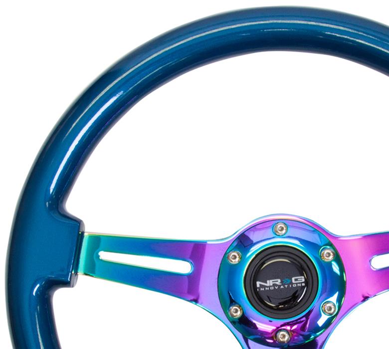 NRG Classic Wood Grain Steering Wheel (350mm) Blue Pearl/Flake Paint w/Neochrome 3-Spoke Center thumbnail 2