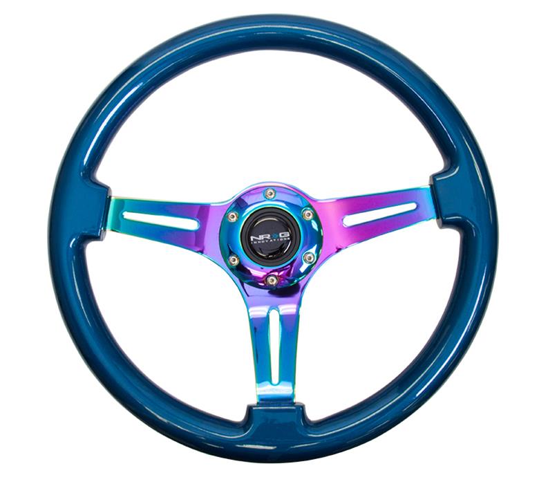 NRG Classic Wood Grain Steering Wheel (350mm) Blue Pearl/Flake Paint w/Neochrome 3-Spoke Center thumbnail 3