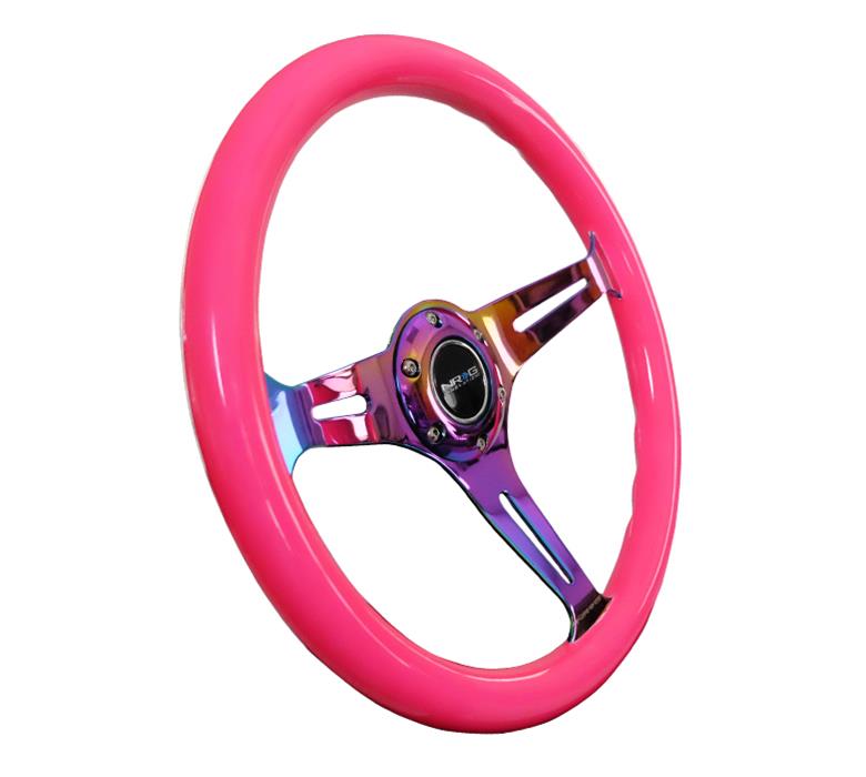 NRG Classic Wood Grain Steering Wheel (350mm) Neon Pink Painted Grip w/Neochrome 3-Spoke Center thumbnail 4