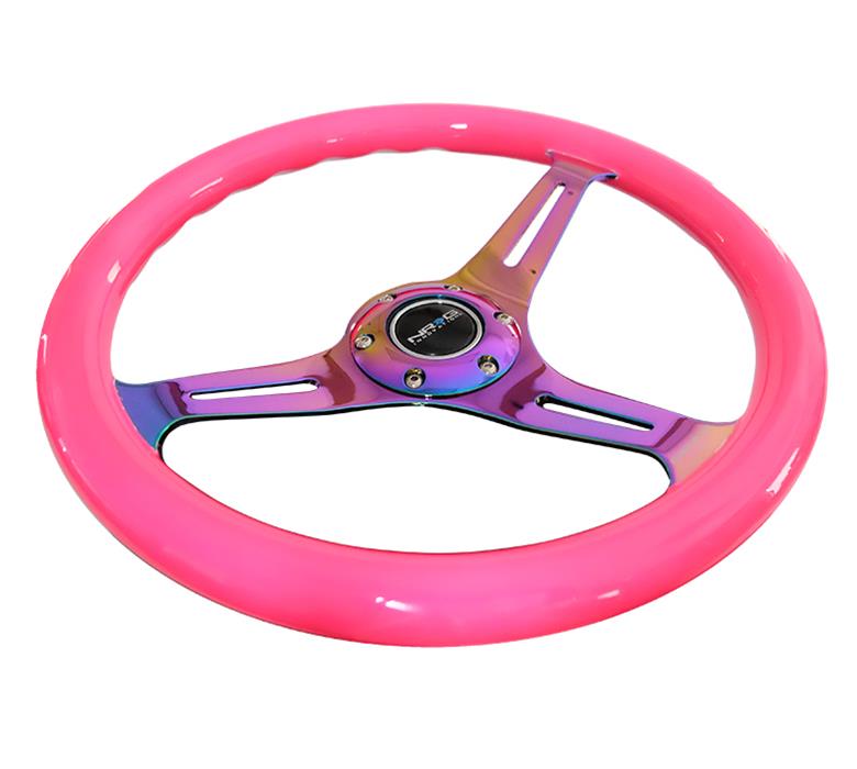 NRG Classic Wood Grain Steering Wheel (350mm) Neon Pink Painted Grip w/Neochrome 3-Spoke Center thumbnail 3