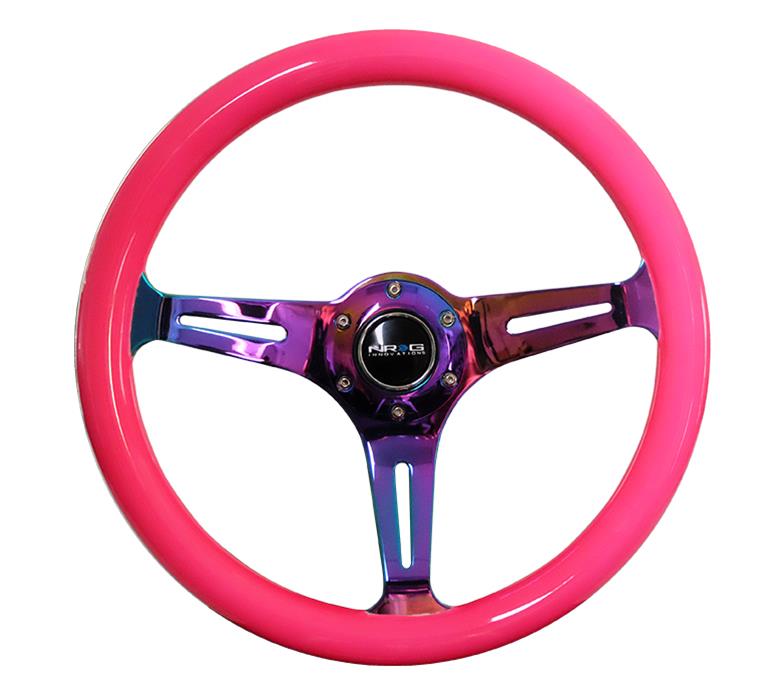 NRG Classic Wood Grain Steering Wheel (350mm) Neon Pink Painted Grip w/Neochrome 3-Spoke Center thumbnail 2