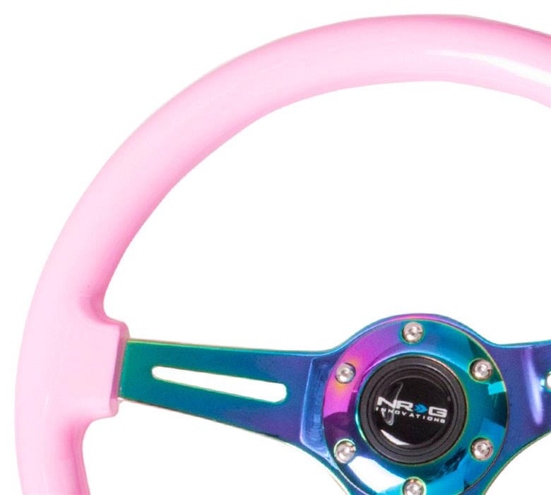 NRG Classic Wood Grain Steering Wheel (350mm) Solid Pink Painted Grip w/Neochrome 3-Spoke Center thumbnail 3