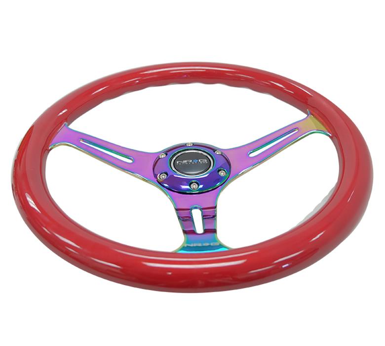 NRG Classic Wood Grain Steering Wheel (350mm) Red Grip w/Neochrome 3-Spoke Center thumbnail 3