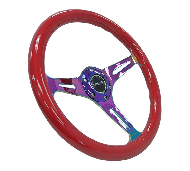 NRG Classic Wood Grain Steering Wheel (350mm) Red Grip w/Neochrome 3-Spoke Center thumbnail 4