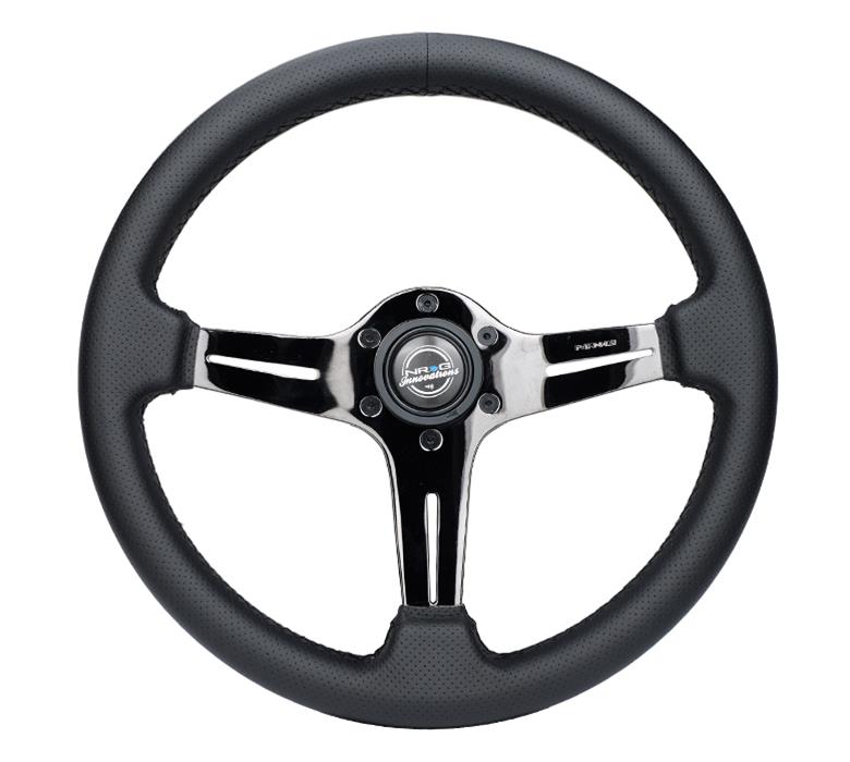 NRG Light Weight Gaming Steering Wheel - 350mm 3 Black Chrome Silver Spokes Perforated Leather