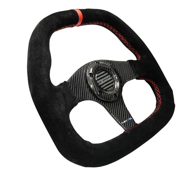 NRG Carbon Fiber Steering Wheel (320mm) Flat Btm. Blk Suede/Red Stitch w/CF Spokes & Red Center Mark thumbnail 2